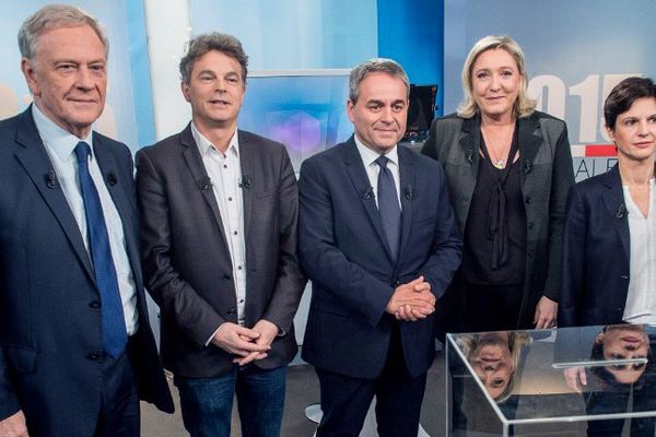 Les 5 principaux candidats en Nord Pas-de-Calais Picardie ( Pierre de Saintignon, Fabien Roussel, Xavier Bertrand, Marine Le Pen et Sandrine Rousseau)