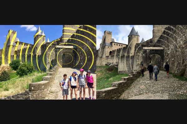 La Cité de Carcassonne avec l'oeuvre de Felice Varini en 2018 à gauche et sans l'oeuvre en 2021 à droite.