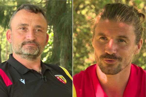 L'entraîneur du RC Lens Franck Haise et le milieu de terrain Yannick Cahuzac.