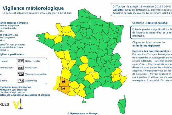 Capture écran carte de Météo France du samedi 16 novembre 2019.