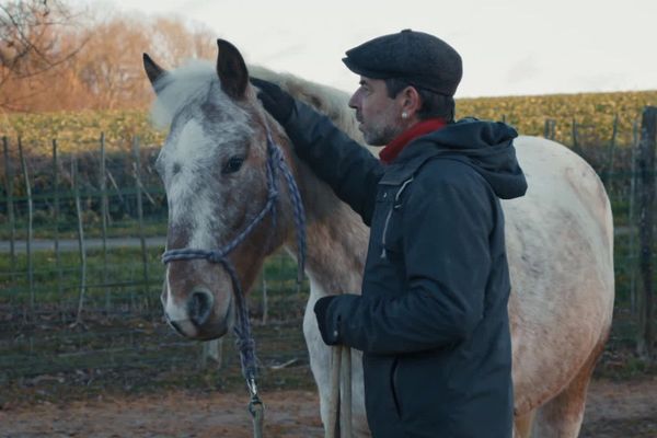 Romuald avec son cheval dans sa ferme pédagogique.