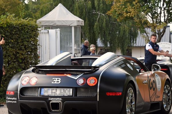 (Photo archives, Sep 6, 2019) Arrivée d'une voiture Bugatti à l'hippodrome de Nancy-Brabois pour faire le plein d'essence et prendre une collation lors du Grand Tour 2019.  