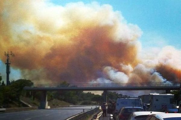 A.9 - le feu de Montbazin et la fumée traversent l'autoroute bloquée depuis 2 heures - 31 juillet 2014.