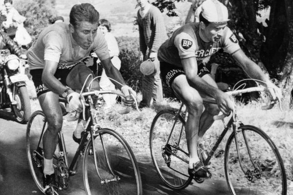 Le Français Jacques Anquetil (à gauche), maillot jaune de leader, est au coude à coude avec son compatriote Raymond Poulidor dans l'ascension du puy de Dôme, le 12 juillet 1964 lors de la 20ème étape du Tour de France, menant les coureurs de Brive à Clermont-Ferrand.