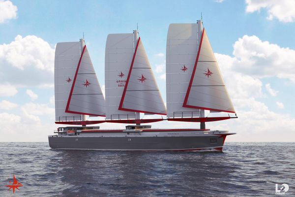 Le navire de transport vélique Grain de Sail III, avec ses 4000 m2 de voiles, sera capable de traverser l'Atlantique en 13 jours et de transporter 200 conteneurs pour une décarbonation de 90 % du fret maritime.