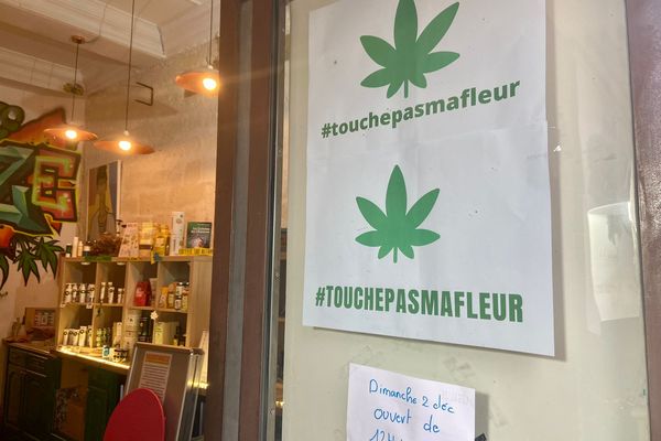 Mobilisation contre l'interdiction de vendre des fleurs de chanvre au CBD dans une boutique de l'Hérault spécialisée dans les produits contenant du cannabidiol, la molécule non psychotrope du cannabis.