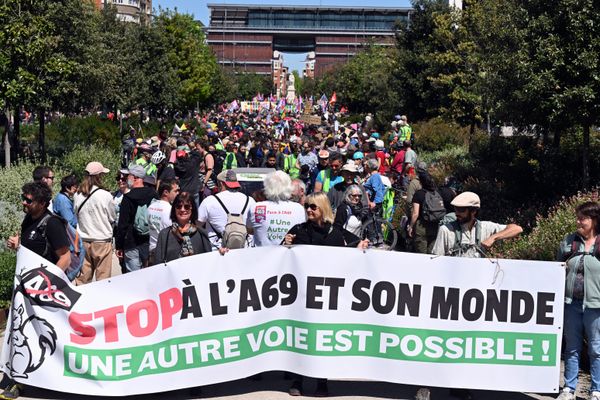 Une manifestation dans les rues de Toulouse, le 21 avril 2024, contre la construction de l'Autoroute A69.