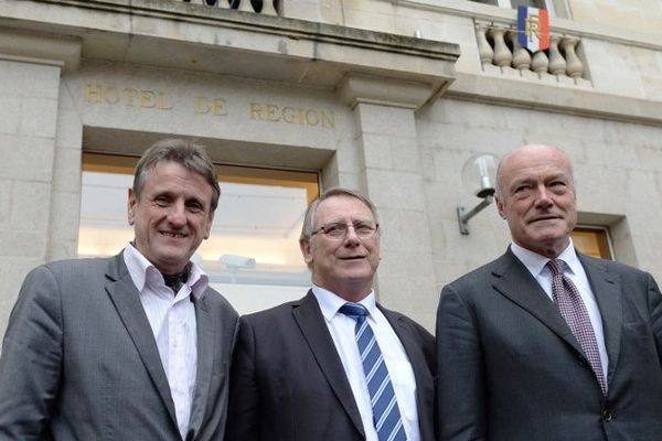 Jean-François Macaire, Gérard Vandenbroucke et Alain Rousset, les trois présidents de région PS à Limoges le 8 décembre 2014.