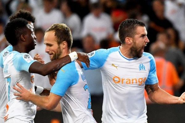 Les joueurs de l'OM après leur victoire face au Racing Club de Strasbourg le 26 septembre 2018