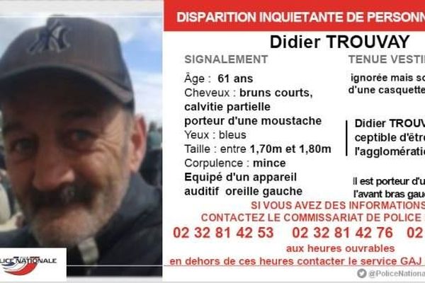 Publication disparition inquiétante Didier Trouvay dans la région de Rouen.