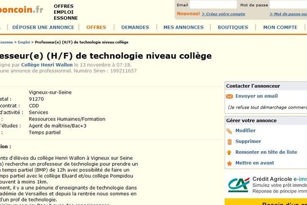 L'annonce a été publiée par les parents d'élèves pour recruter le professeur manquant.