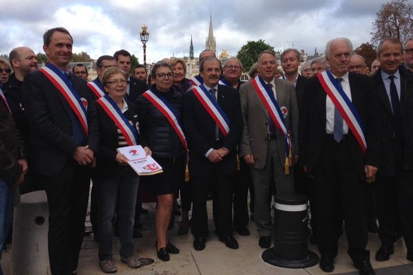 Plusieurs élus de Nancy et maires de Meurthe-et-Moselle se sont rassemblés autour de leur présidente Marie-Rose Falque (papiers en main), Place Stanislas, samedi 19 septembre 2015, pour aller à la rencontre du public.