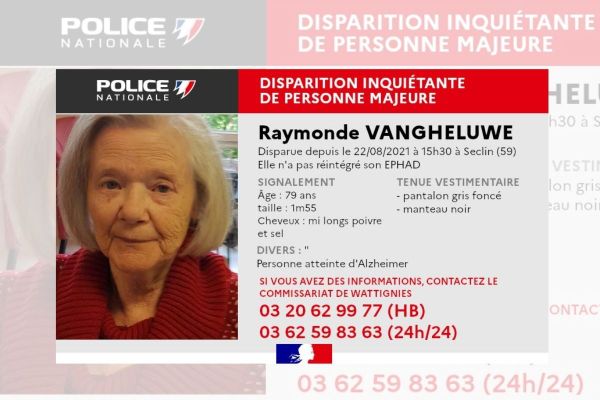 Raymonde Vangheluwe, atteinte d'Alzheimer, disparue depuis le 22 août à Seclin.