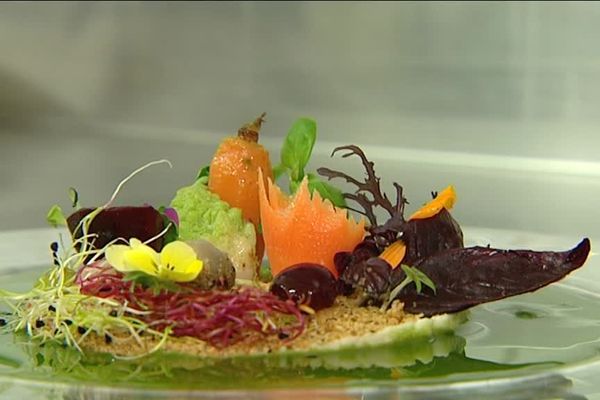 Une assiette colorée préparée par le chef étoilé du restaurant Goûts et couleurs à toulouse. 