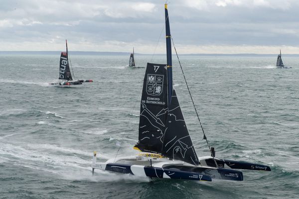 Les bateaux de la class Ultim, le 29 octobre 2023, pour le départ de la Transat Jacques Vabre.