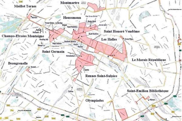 Capture écran de la carte du projet des 12 futures zones touristiques internationales à Paris. 