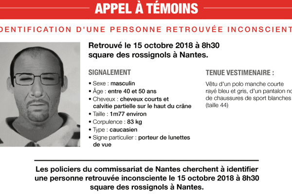 Un appel à témoins pour identifier un homme inconscient retrouvé à Nantes le 15 octobre 2018