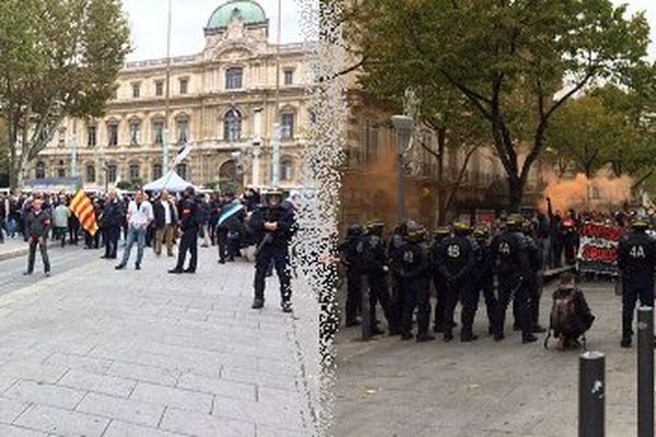 Les 2 manifestations étaient face à face devant la Préfecture : sur la photo à gauche un rassemblement anti migrants menée par le FN et à droite une autre menée par le "collectif  soutien migrantes 13".