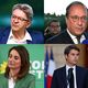 En haut à gauche : Jean-Luc Mélenchon, en haut à droite : François Hollande, en bas à gauche : Marine Tondelier, en bas à droite : Gabriel Attal.