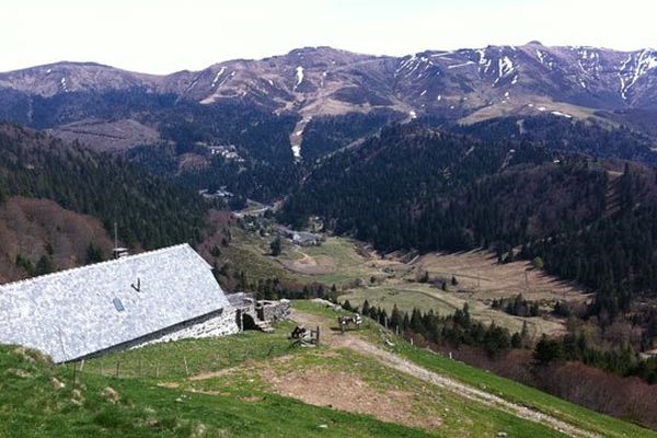 Buron (bâtiment en pierre, couvert de lauzes ou d'ardoises) à flanc de coline