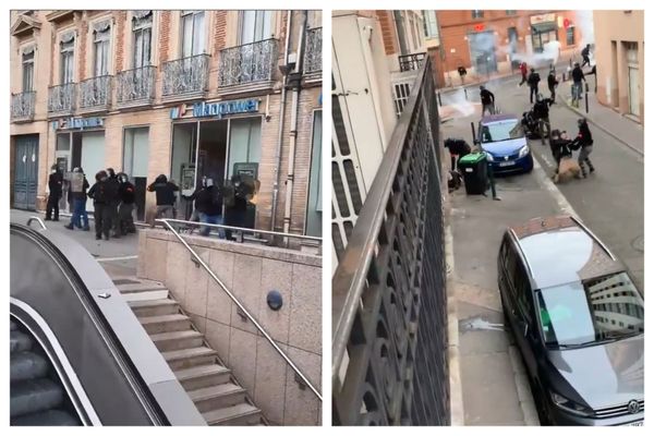 Deux vidéos tournées durant la manifestation du samedi 16 janvier 2021 à Toulouse (Haute-Garonne) montrent des forces de l'ordre prises à parti (image de gauche) mais aussi des violences policières (image à droite).