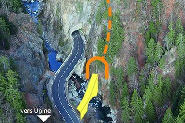 Le tracé du nouveau pont et du tunnel à venir sur la RD 1212 entre Ugine et Flumet. 