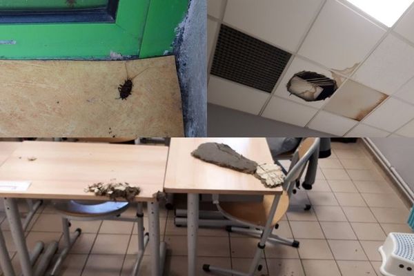 Images prises dans des écoles de Marseille, source Collectif PRE Pour la Rénovation des Ecoles. Des témoins parlent de "travaux au bout de neuf à dix mois", ou de "réparations temporaires qui n'ont pas tenu une demie-journée"