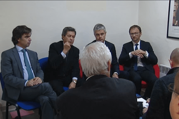 Laurent Wauquiez, Georges Fenech (LR), Patrick Mignola (MoDem) et  Eric Fournier (UDI) - Lyon, le 21/11/2015