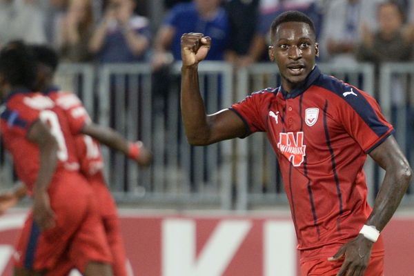 Younousse Sankhare après son but lors du match de  Coupe d'Europe UEFA contre  Copenhagen le 4 octobre 2018 au Stade Matmutt à Bordeaux. 