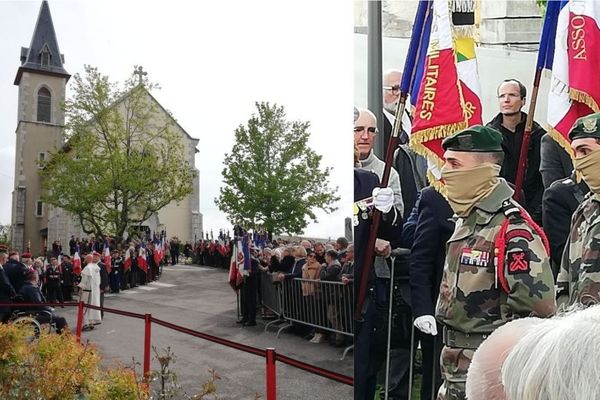 Plusieurs centaines de personnes se sont rassemblées devant l'église de Montagny-les-Lanches pour l'hommage à Alain Bertoncello. Parmi elles, le visage caché par une cagoule kaki, des membres du commando Hubert.