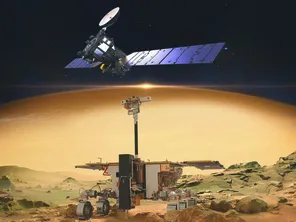 Photomontage d'un rover et d'un orbiteur survolant la planète Mars.