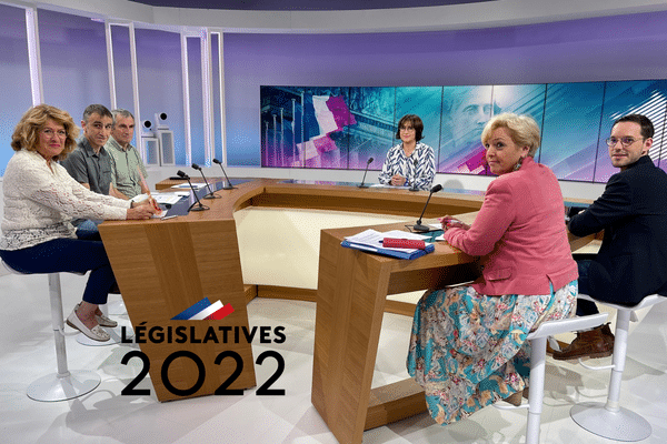 De gauche à droite : Sylviane LOPEZ (RN) - Egoitz URRUTIKOETXEA (EHBAI) - Julien LASSALLE (Résistons !)-Elise DAYCARD (France 3 Aquitaine)  - Annick TROUNDAY (Ensemble !) - Inaki ECHANIZ (PS - NUPES)