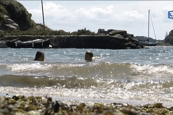 Baignade estivale pour ces deux enfants, à l'île aux Moines (56).