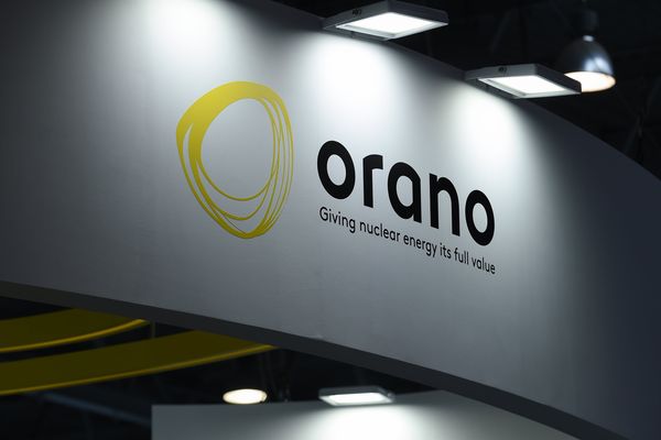 Le logo du groupe nucléaire français Orano lors de la World Nuclear Exhibition (WNE) 2018 à Villepinte, près de Paris.