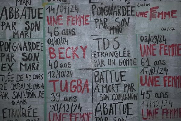 Les 135 féminicides de l'année écoulée ont été affichés ce 4 janvier 2025, place Francheschetti à Marseille, à l'initiative de deux collectifs.