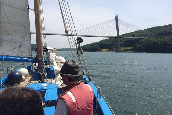 Avant de rejoindre la mer, l'Aulne passe sous le magnifique pont de Térénez qui relie Argol à Rosnoën (29).