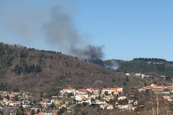 Une grande fumée noire s'échappait de la forêt où l'incendie se serait déclaré dimanche 31 mars à Durtol dans le Puy-de-Dôme. 