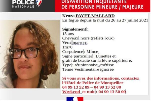 Kenza Payet - Mallard, 15 ans, a fugué dans la nuit du lundi 26 au mardi 27 juillet. 