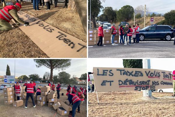 Les buralistes sont mobilisés au Boulou vers Le Perthus, dans les Pyrénées-Orientales, le 1er février 2024.