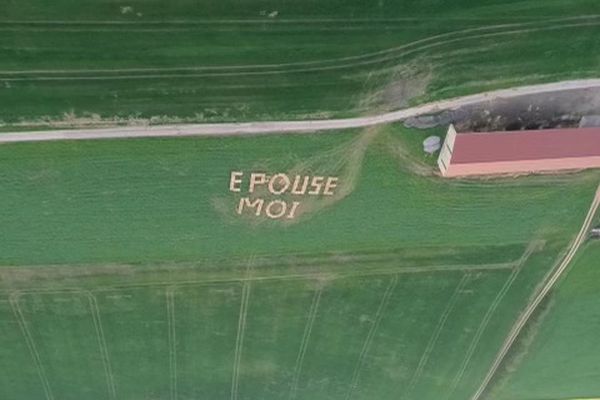 L'agriculteur haut-marnais a empilé plusieurs bottes de paille pour demander en mariage sa compagne depuis les airs.