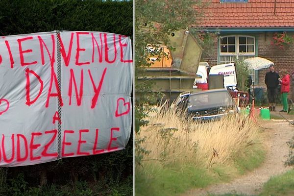 Une affiche de bienvenue à Dany Boon à Oudezeele et le tournage... vu de loin !