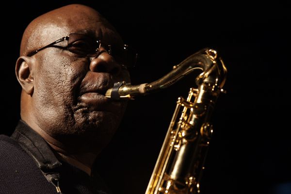 Manu Dibango en 2014, pendant le Festival Jazz à Langourla