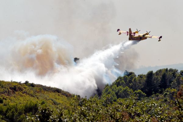 Gignac (Hérault) - les Canadair luttent contre le feu par de nombreux largages en écopant dans le lac du Salagou voisin - 26 juillet 2022.