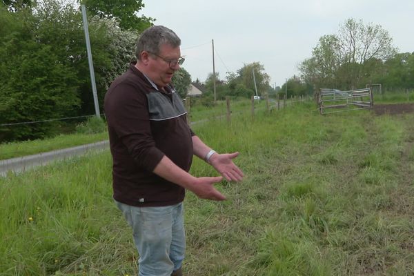 Gilbert Michel, agriculteur dans le Cotentin, dans une des ses parcelles de pâturage endommagée par la pluie.