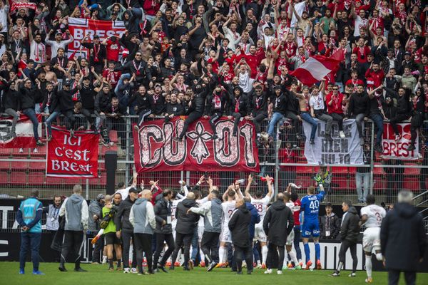 La joie des Brestois après leur victoire 4-5 sur la pelouse des Rennais en 2024.