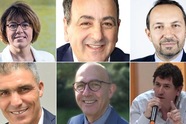 Du haut à gauche au bas à droite : Anne-Lise Dufour-Tonini (PS), Ahmed Habbar (DVG), Sébastien Chenu (RN), Djemi Drici (SE), Yvon Riancho (DVG) et Samy Tehami (LO) qui représente Jacky Boucot.