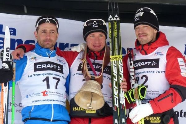 Le podium du Transju 2012 pour le 76km. De gauche à droite : Sergio Bonaldi, Aliaksei Ivanou et Martin Koukal.