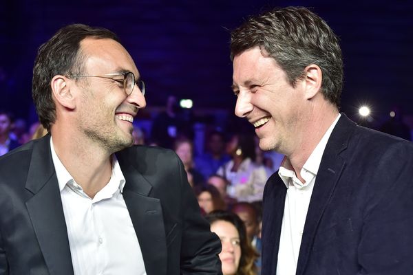 Thomas Cazenave, candidat LREM à Bordeaux en discussion avec Benjamin Griveaux, candidat à Paris au campus des territoires à Bordeaux le 8 septembre 2019. 