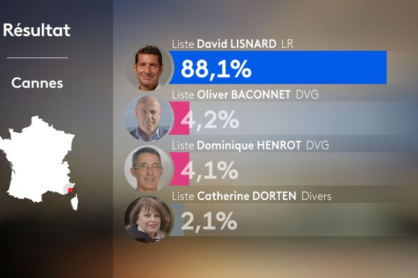 Le maire sortant David Lisnard l'emporte avec 88,1% des voix et est donc largement élu dès le premier tour. Suite aux mesures de confinement dû au coronavirus et au stade 3, l'abstention a été très forte.