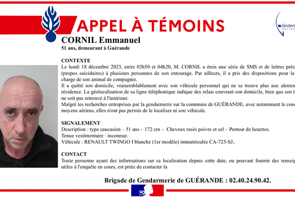 Emmanuel Cornil a disparu depuis le 18 décembre dernier. la gendarmerie de Guérande lance un appel à témoin.